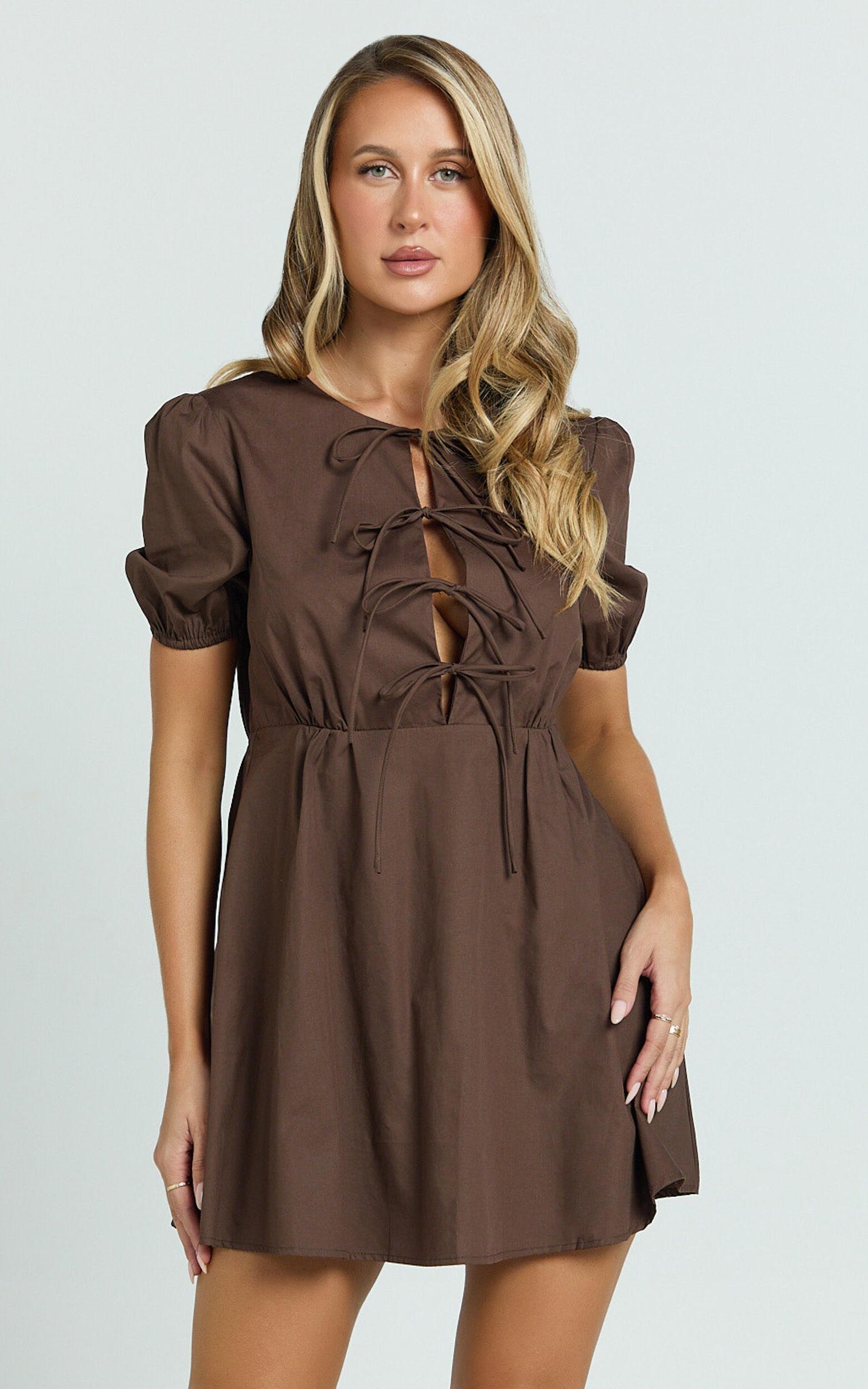 Hattie Mini Dress - Tie Front Puff Sleeve Dress in Chocolate Product Image