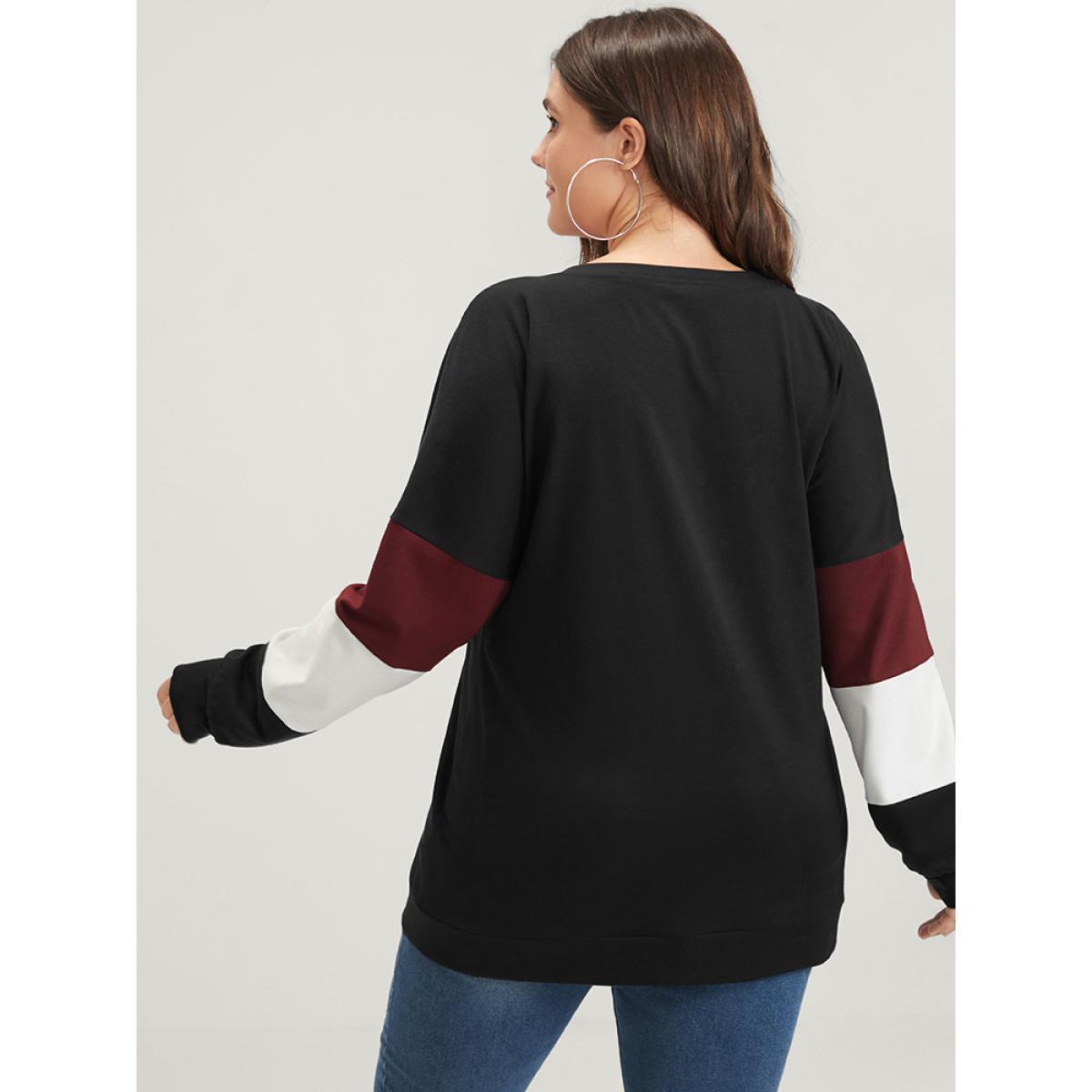 Plus Size Colorblock Patchwork Round Neck Drop Shoulder Sweatshirt Women Black Casual Contrast Round Neck Dailywear Sweatshirts BloomChic 10/M Product Image