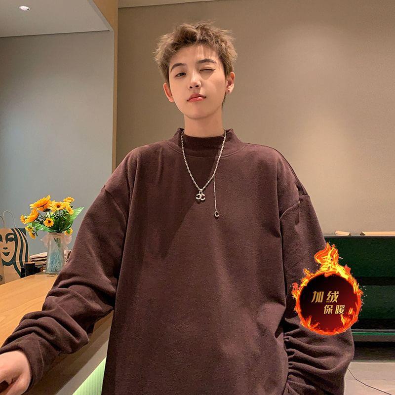 Long-Sleeve Mock Neck Plain Fleece-Lined T-Shirt Product Image