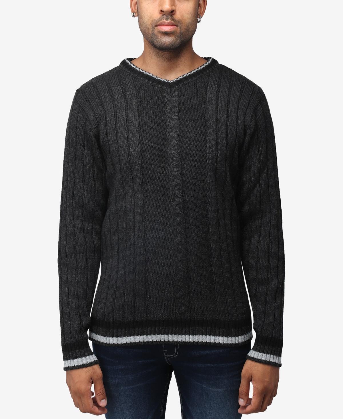 Men's Xray Cable Knit Tipped V-Neck Sweater, Size: Large, Grey Product Image