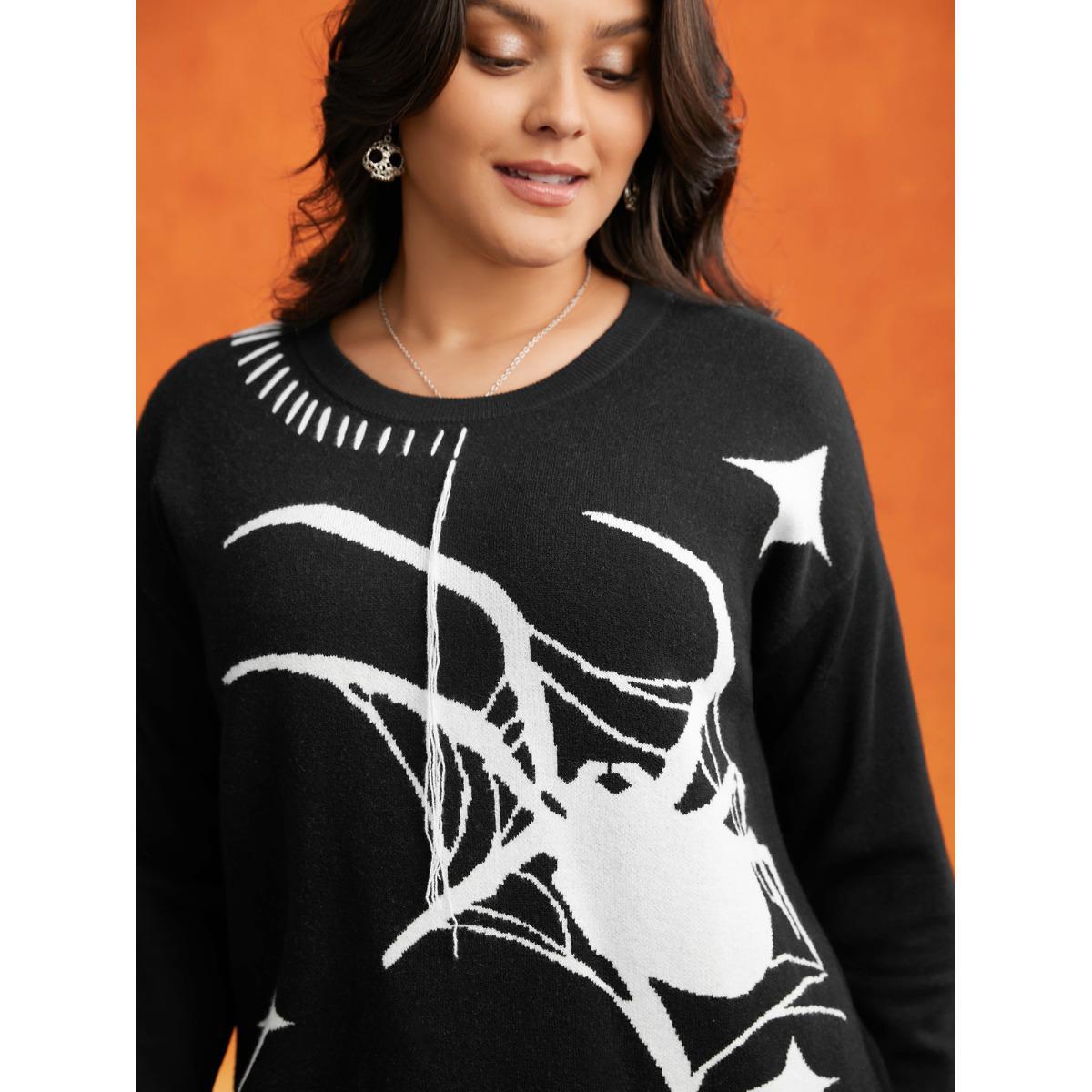 Plus Size Supersoft Essentials Spider Printed Jacquard Pullover Black Women Casual Loose Long Sleeve Round Neck Everyday Pullovers BloomChic 12/L Product Image