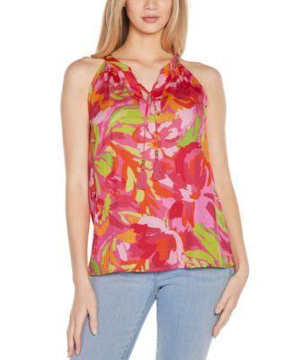 Belldini Womens Abstract Floral Tie-Neck Sleeveless Top Product Image