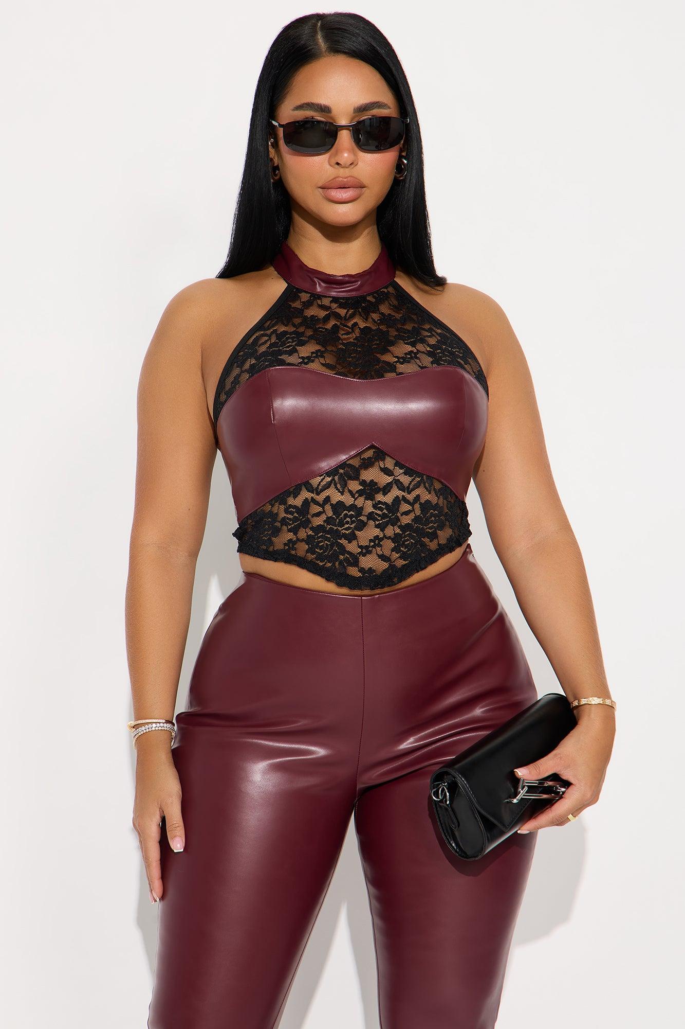 Flirt For Fun Faux Leather Pant Set - Burgundy/combo Female Product Image