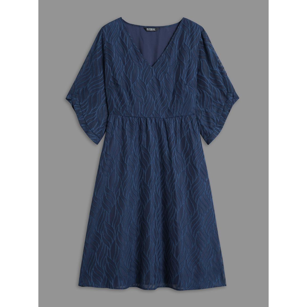 Plus Size Chiffon Textured Sheer Sleeve Midi Dress Navy Women At the Office Texture V-neck Elbow-length sleeve Curvy BloomChic 18-20/2X Product Image