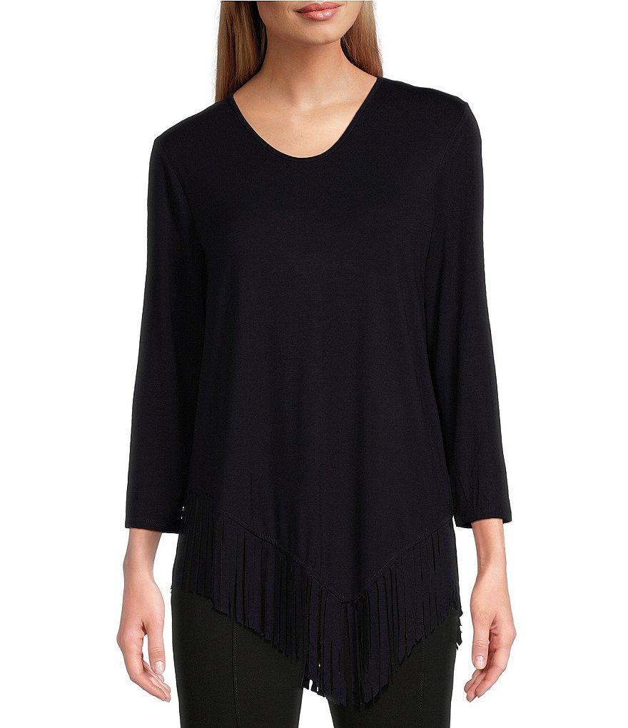 Slim Factor by Investment Lauren 3/4 Sleeve Asymmetrical Hemline Scoop Neckline Fringe Knit Top Product Image
