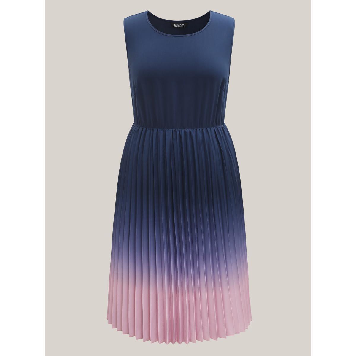 Plus Size Ombre Gradient Pleated Sleeveless Midi Dress Navy Women At the Office Pleated Round Neck Sleeveless Curvy BloomChic 12/L Product Image