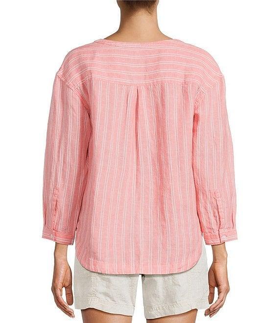 L.L.Bean Linen Striped Split Round Neck Long Sleeve Blouse Product Image