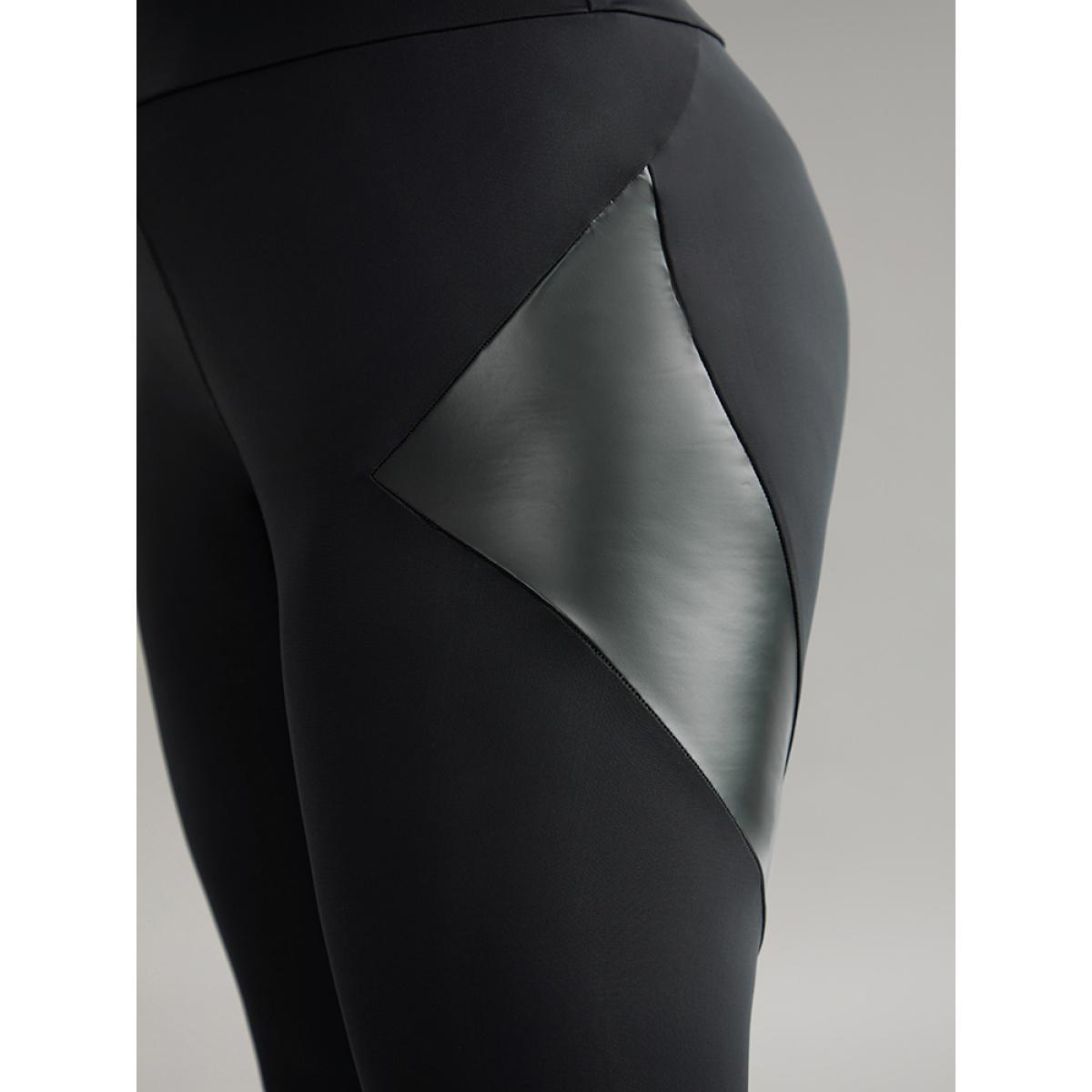 Plus Size Patchwork PU Leather High Rise Leggings Women Black Casual High stretch Skinny High Rise Dailywear Leggings BloomChic 14-16/1X Product Image