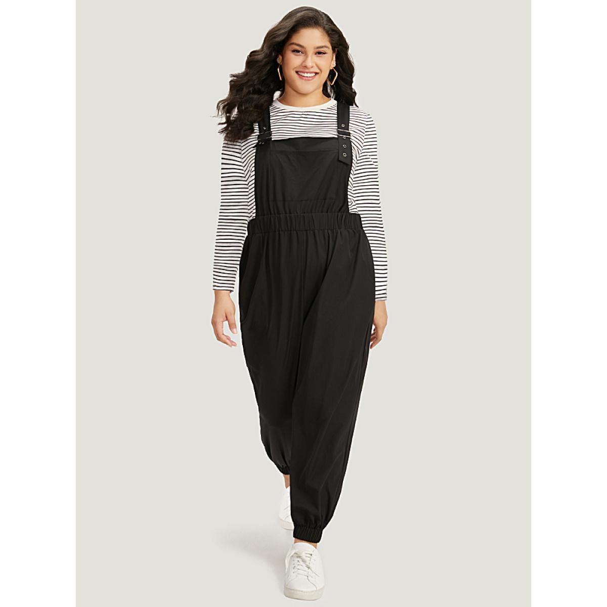 Plus Size Black Solid Pocket Back Crisscross Elastic Waist Jumpsuit Women Casual Sleeveless Spaghetti Strap Dailywear Loose Jumpsuits BloomChic 26/4X Product Image