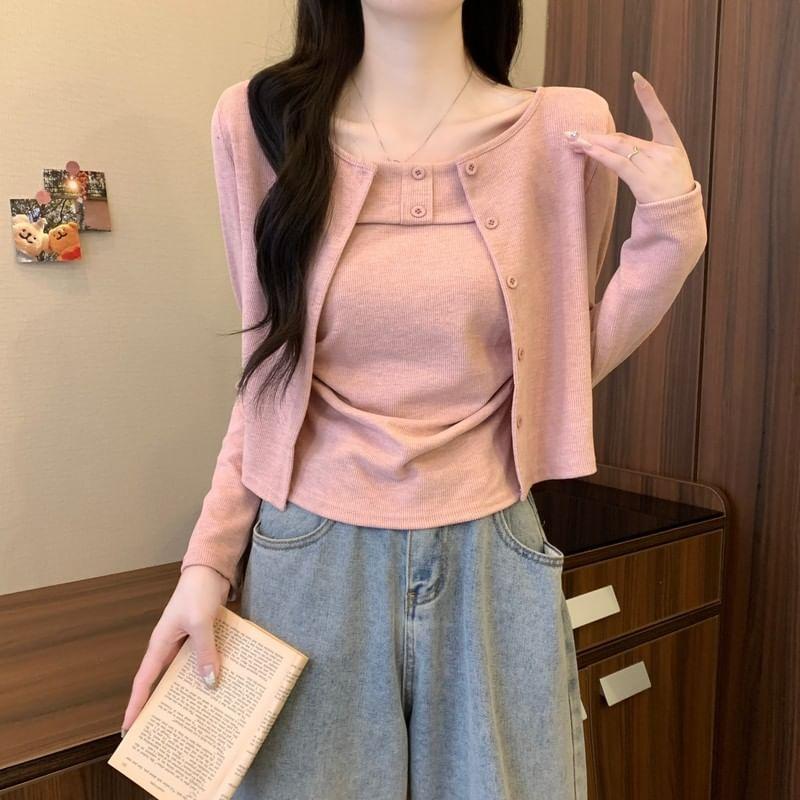 Set: Plain Crop Cardigan + Cami Top Product Image