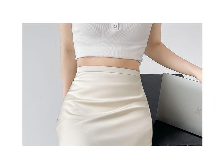 High Waist Plain Satin Maxi A-Line Skirt Product Image