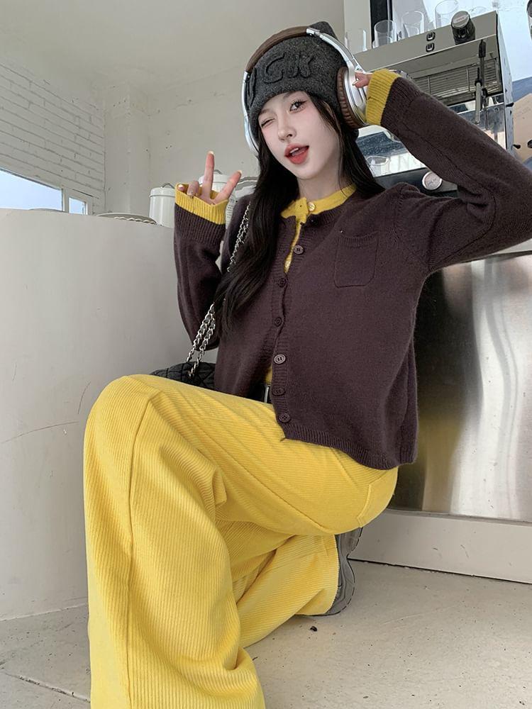 Round Neck Mock Two Piece Cardigan / High Waist Plain Corduroy Wide Leg Pants / Belt / Set Product Image