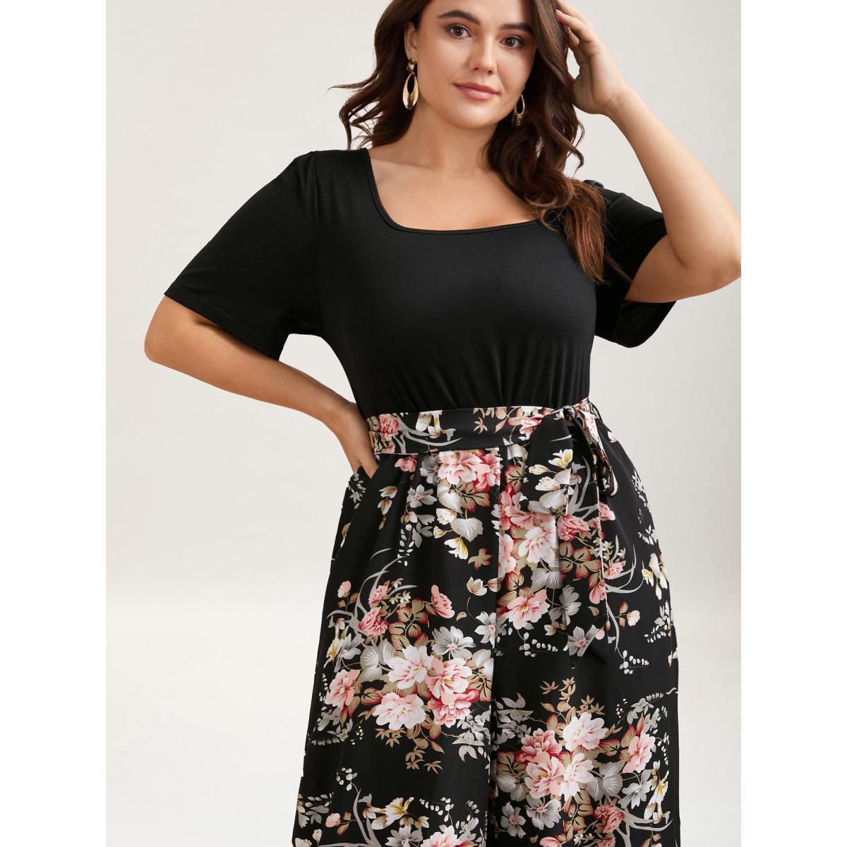 Plus Size Black Color Contrast Belted Panel Pockets Jumpsuit Women Elegant Short sleeve Square Neck Everyday-Elegant Loose Jumpsuits BloomChic 10/M Product Image
