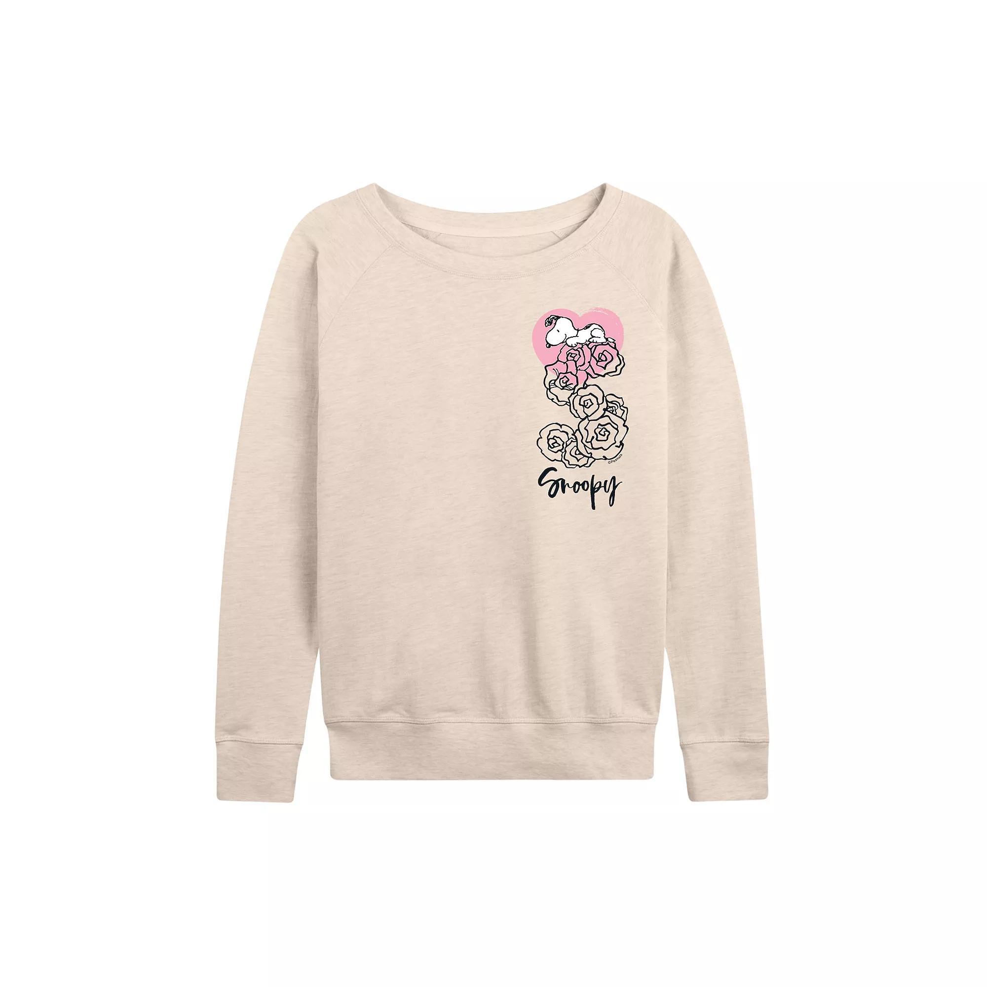 Women's Peanuts Snoopy Valentines Roses French Terry Long Sleeve Tee, Size: Small, Beige Product Image