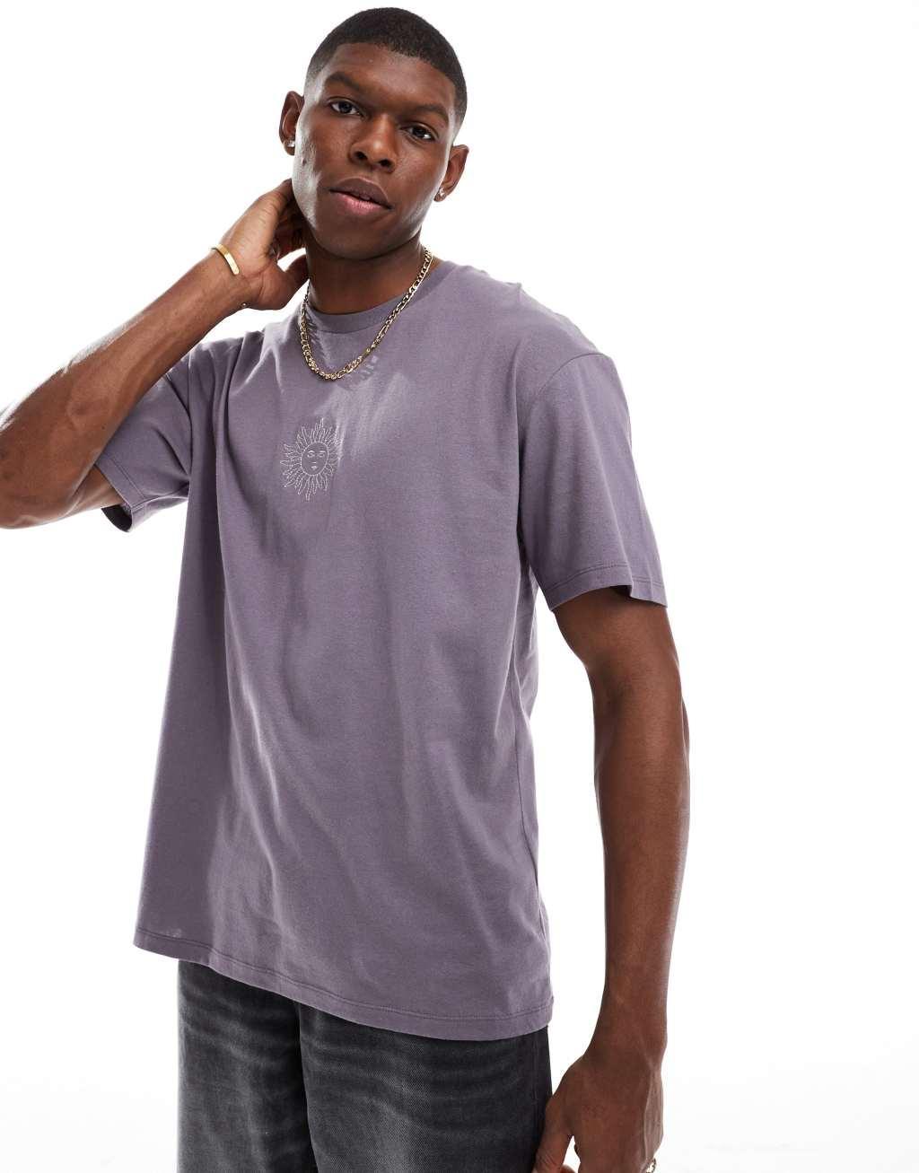 Jack & Jones oversized t-shirt with sun embroidery in purple Product Image