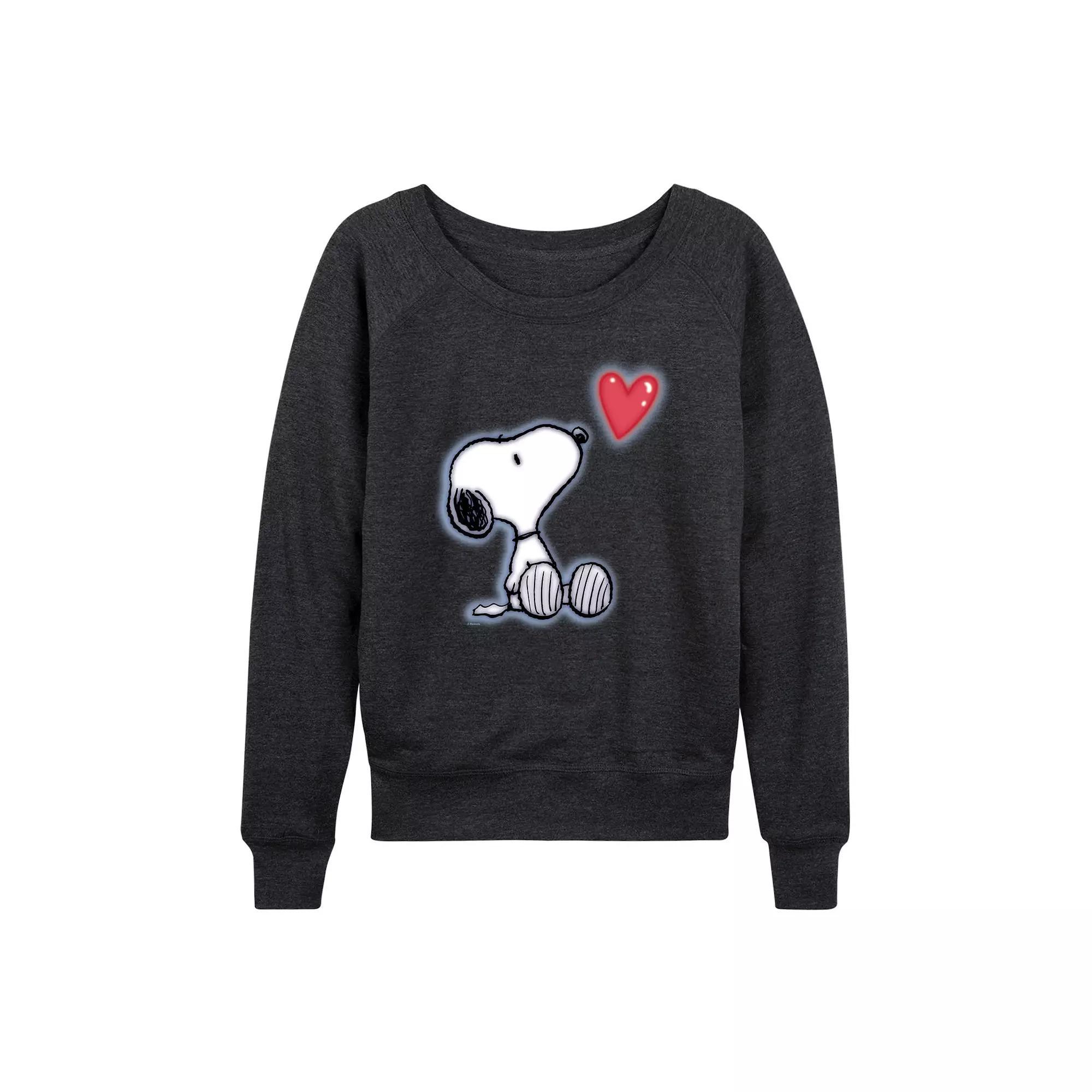 Womens Peanuts Snoopy Heart French Terry Long Sleeve Tee, Girls Heather Grey Gray Product Image