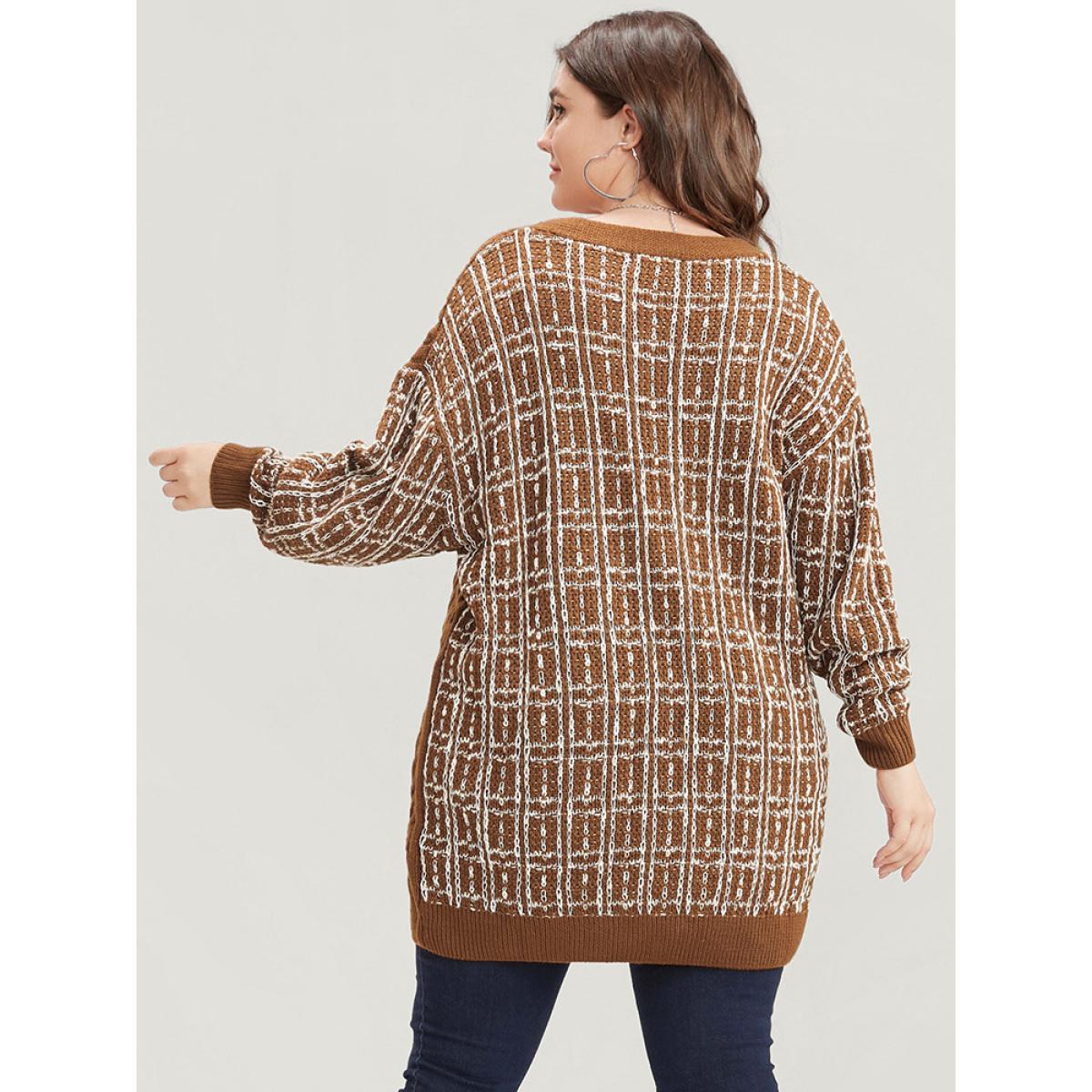 Plus Size Gingham Contrast Soft Sexy Yarn Knit Cable Knit Button Front Cardigan Bronze Women Casual Loose Long Sleeve Dailywear Cardigans BloomChic 18-20/2X Product Image