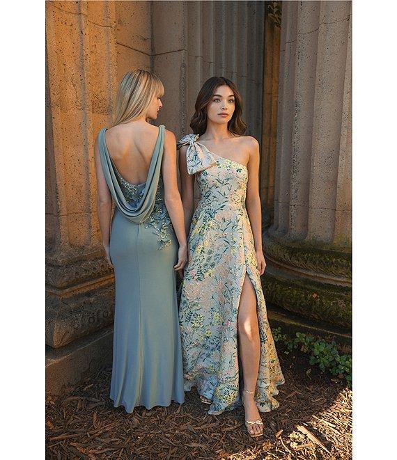 Mac Duggal Drape Neckk 3D Floral Applique Jersey Column Gown Product Image