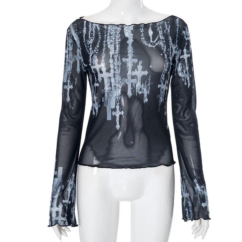 Long-Sleeve Boat Neck Cross Print See-Through Mesh Top Product Image