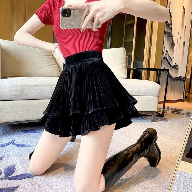High Waist Plain Mini Tiered A-Line Skirt Product Image