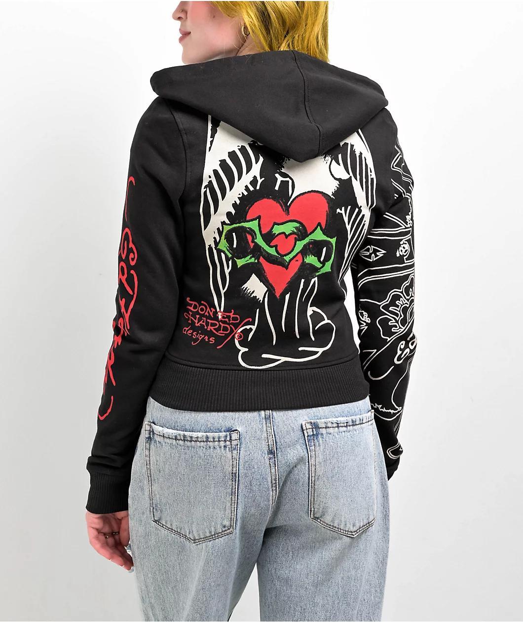 Ed Hardy Sacred Heart Black Crop Zip Hoodie Product Image