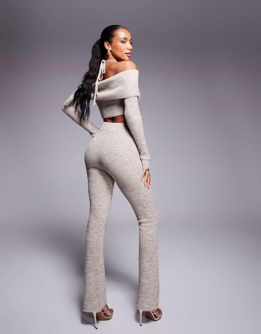 Wanderdoll Carrie knit off the shoulder crop top and pants set in oatmeal  Product Image