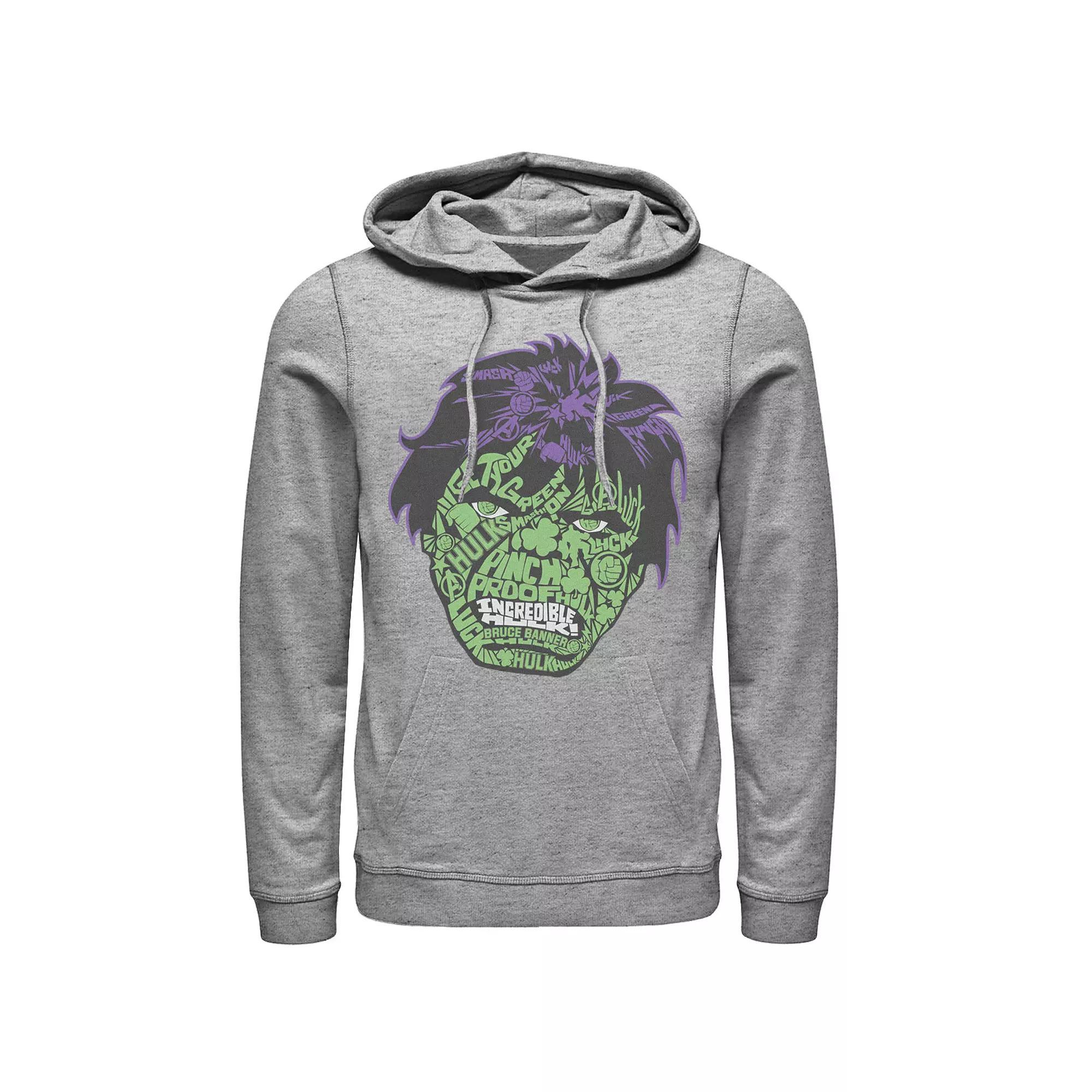 Men's Marvel Hulk St. Patty's Head Build Up Fill Hoodie, Size: Small, Athletic Grey Product Image