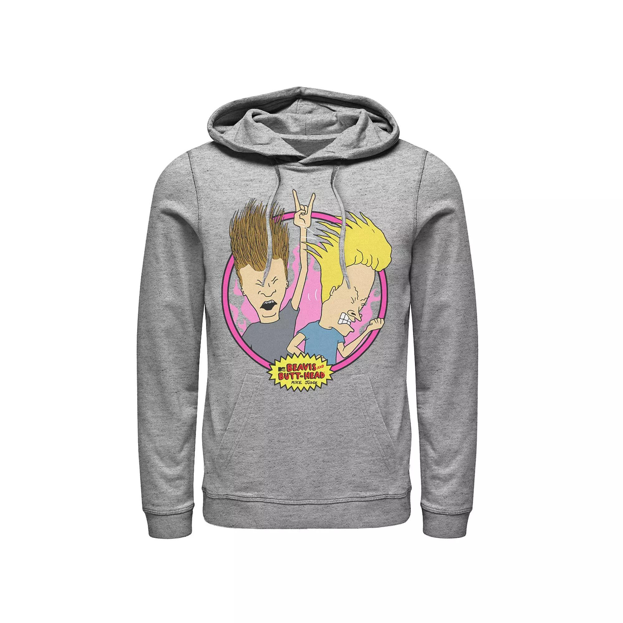 Men's Beavis And Butthead Rock N Roll Circle Portrait Hoodie, Size: Medium, Athletic Grey Product Image