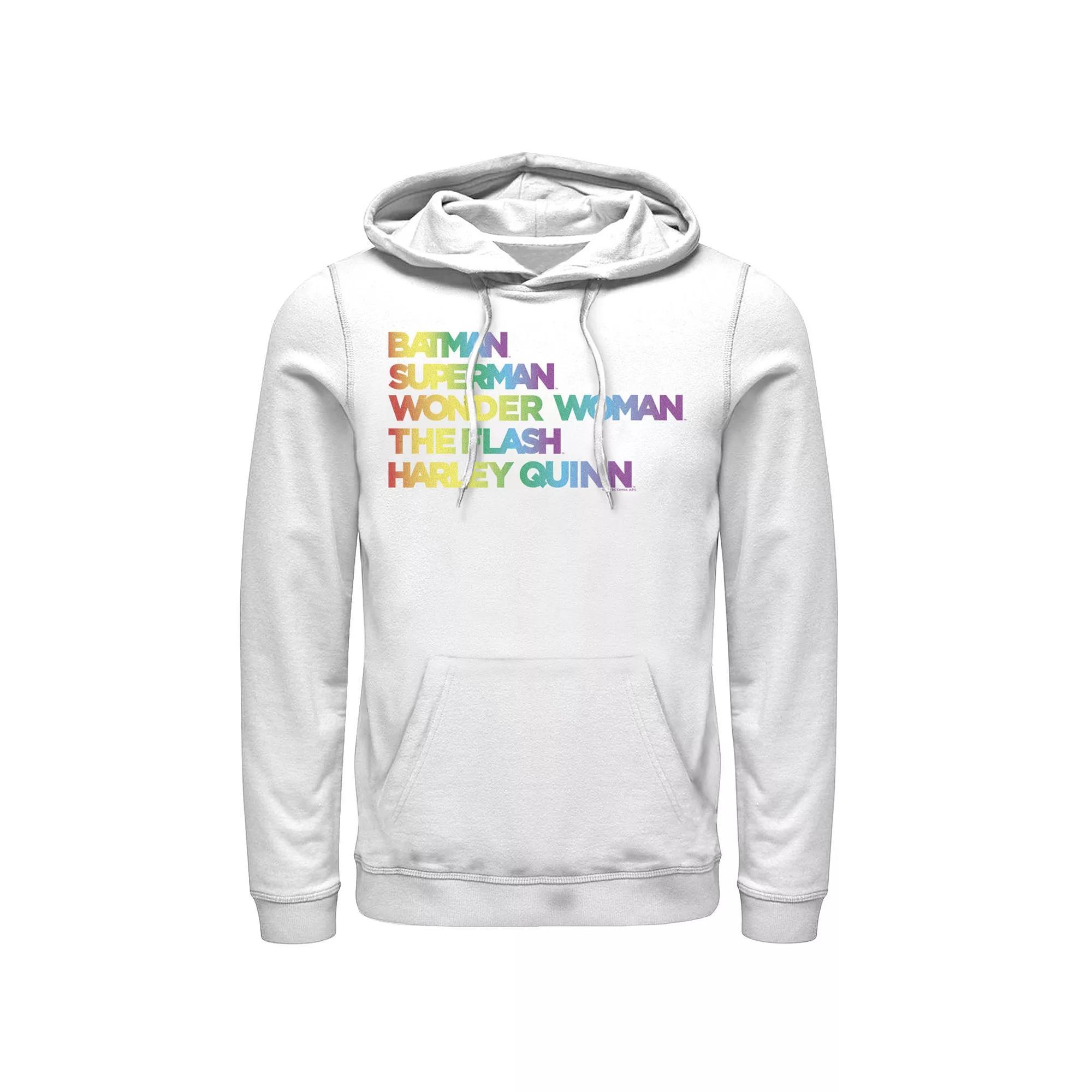 Men's Justice League Member Graidient Rainbow Word Stack Hoodie, Size: Small, White Product Image