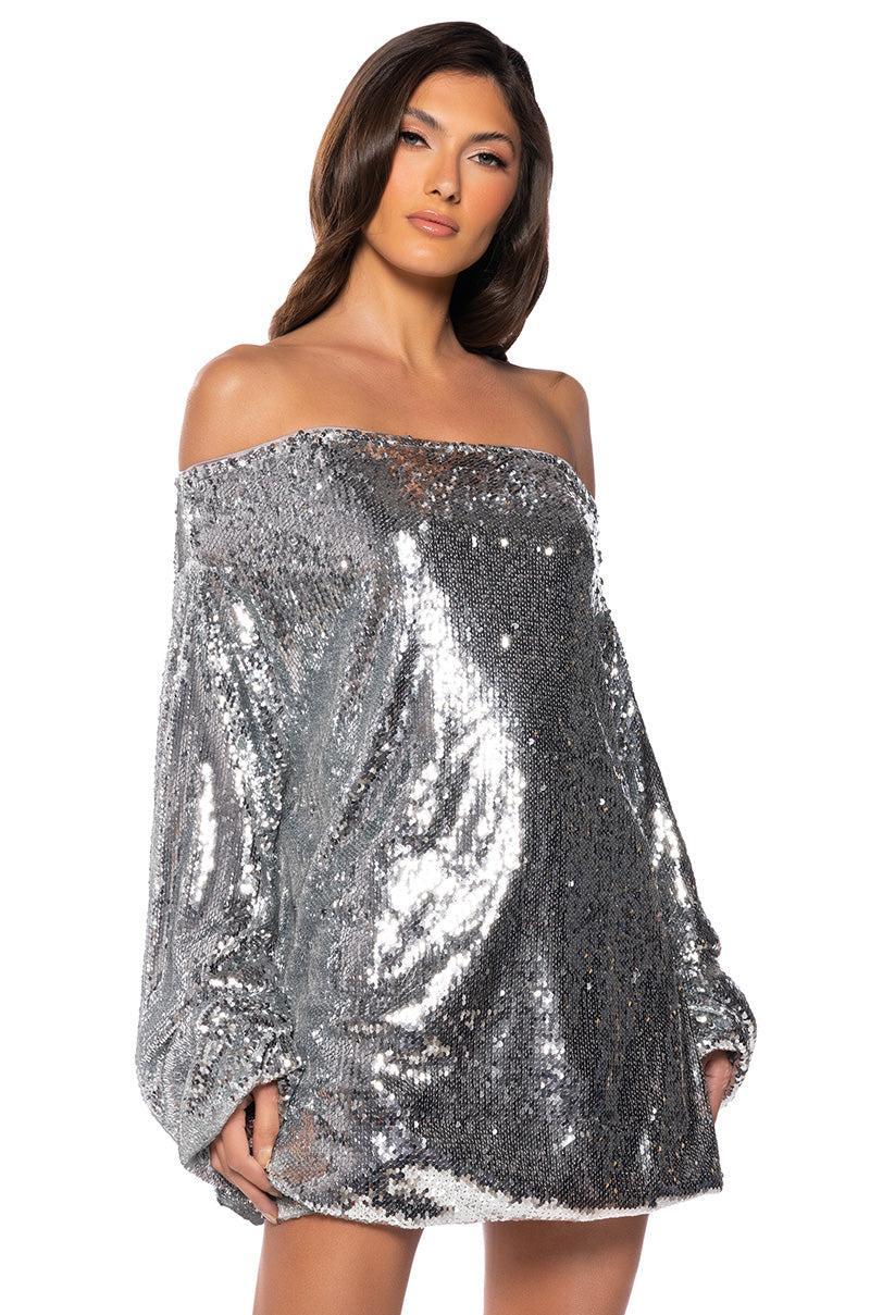 GEMMA OFF THE SHOULDER VOLUMINOUS SEQUIN MINI DRESS IN SILVER Product Image