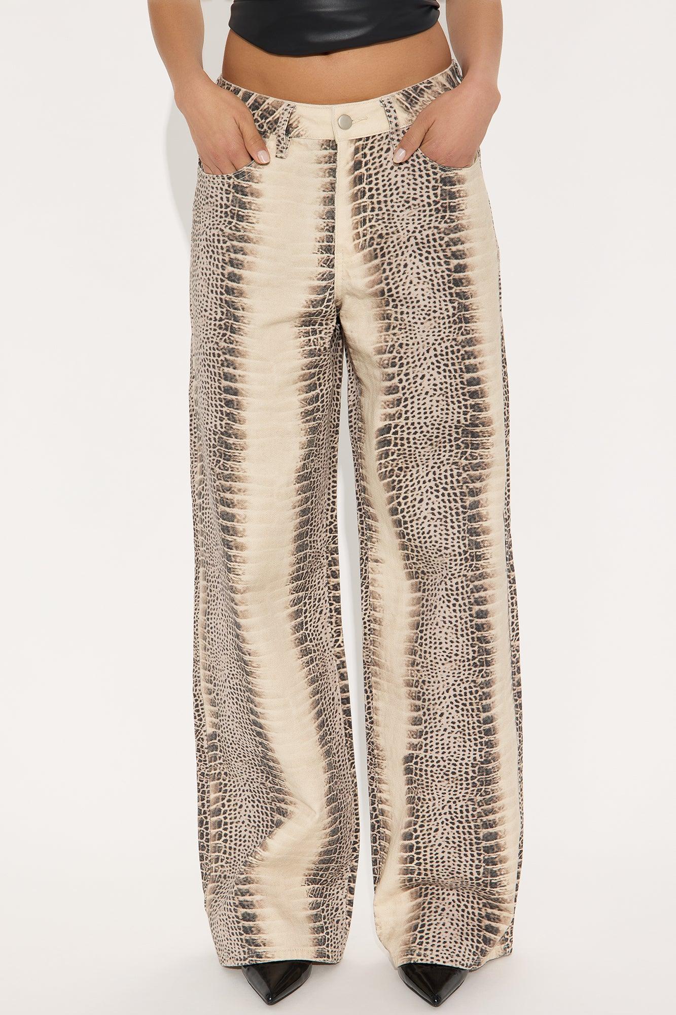Rattle Me Up High Rise Snake Print Wide Leg Jeans - Beige/Brown Product Image