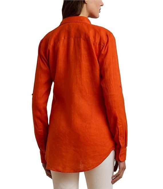 Lauren Ralph Lauren Petite Size Woven Point Collar Long Roll-Tab Sleeve Button Front Shirt Product Image