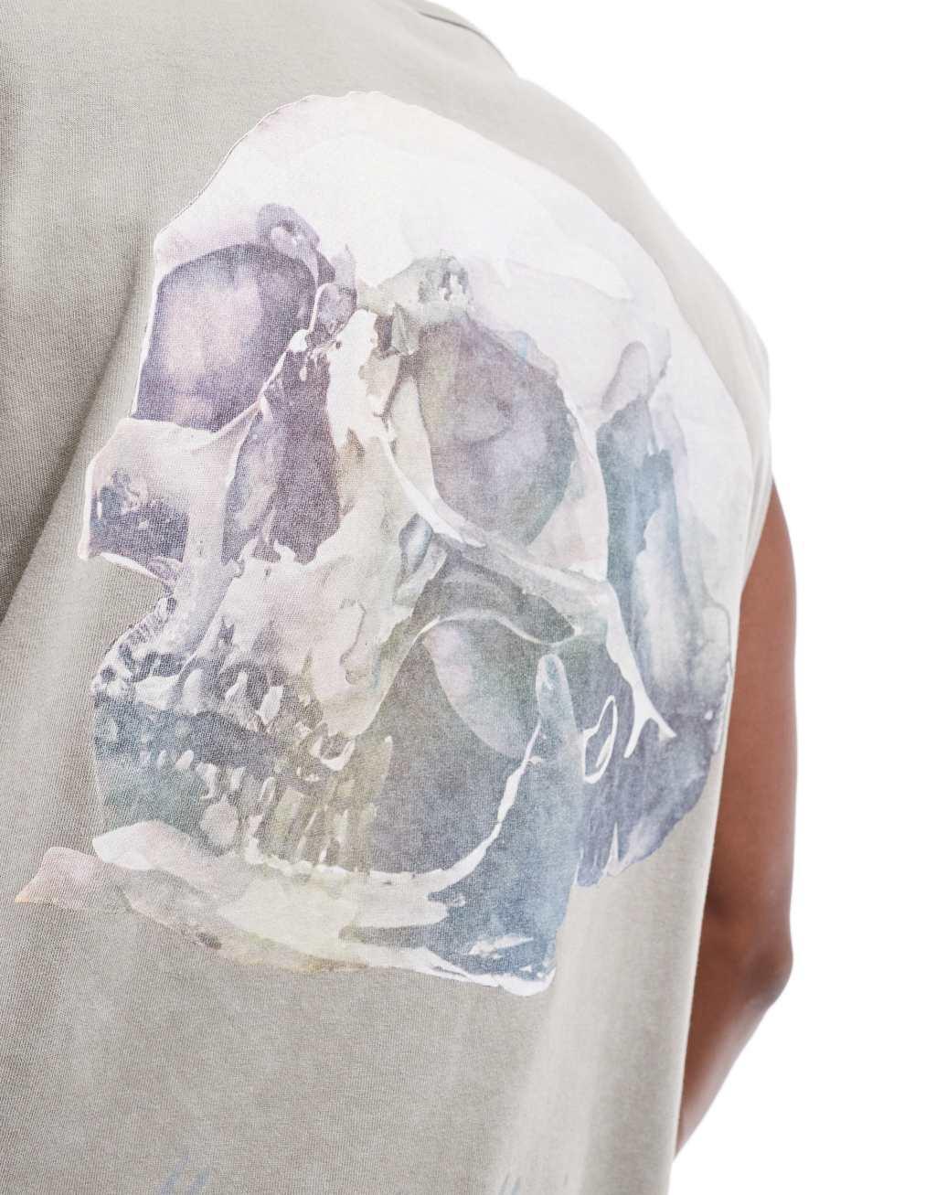 ASOS DESIGN oversized tank in heavyweight 220gsm washed beige with back grunge print Product Image