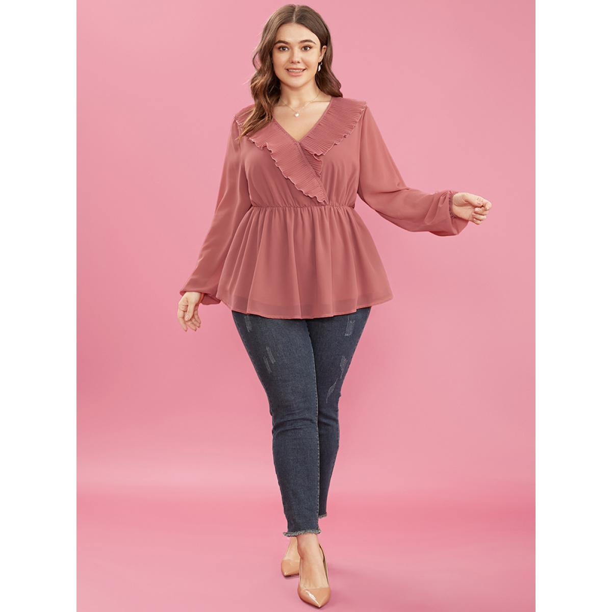 Plus Size DustyPink Solid Lantern Sleeve Pleated Ruffle Trim Wrap Blouse Women Elegant Long Sleeve V-neck Dailywear Blouses BloomChic 14-16/1X Product Image