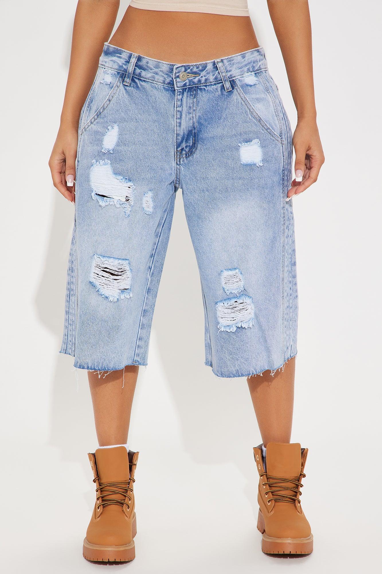 Jazelle Ripped Non Stretch Denim Jorts - Light Wash Product Image