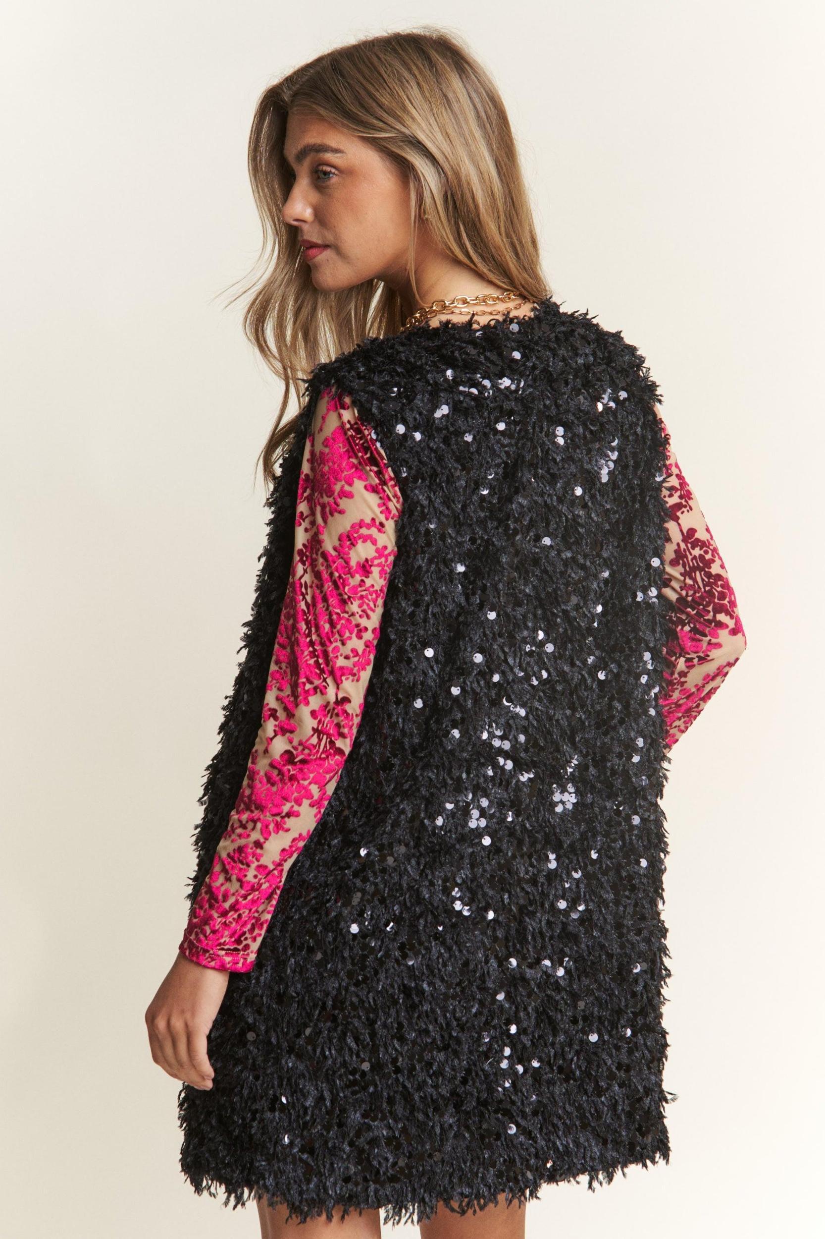 Long Body Casual Fuzzy Sequins Vest Product Image