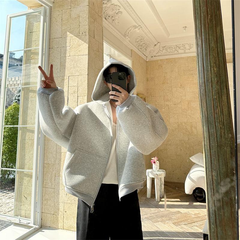 Long-Sleeve Plain Zipped Hooded Jacket Product Image
