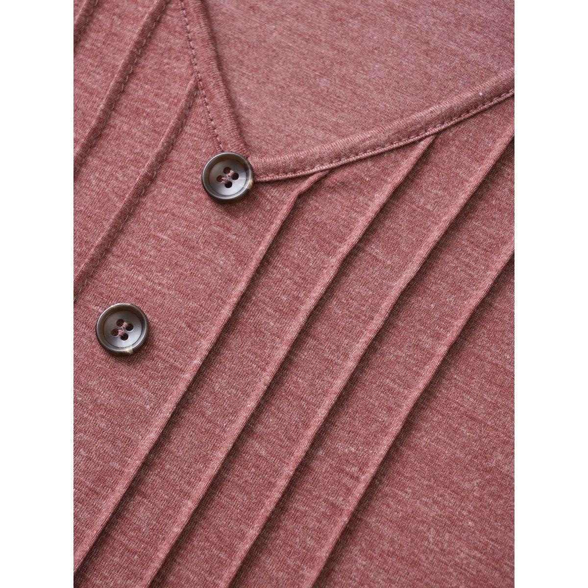 Plus Size Solid Pleated Front Button Detail V Neck T-shirt Russet Women Casual Button Plain Everyday T-shirts BloomChic 30/6X Product Image