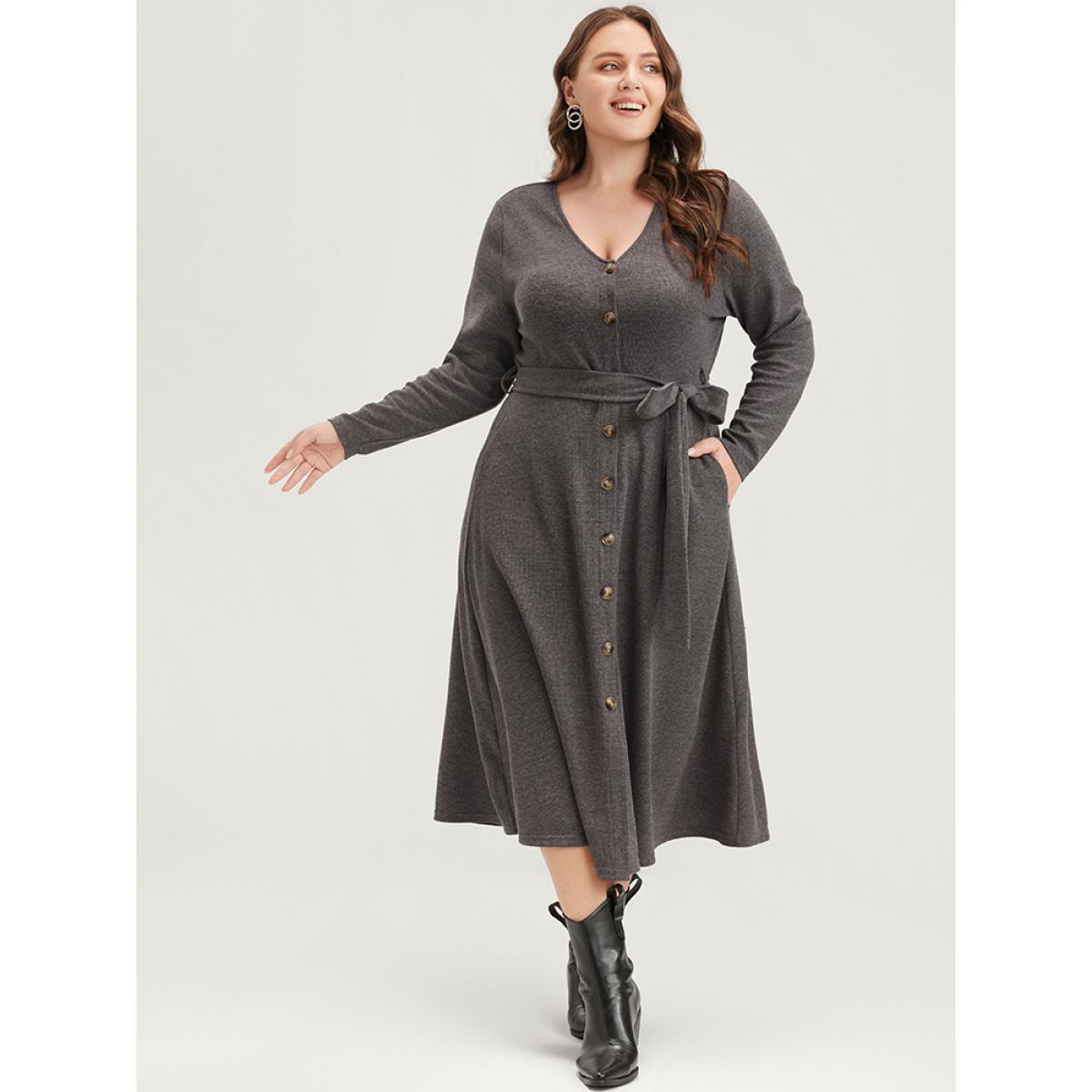 Plus Size Solid Pocket Button Up Belted Rib Knit Dress DarkGray Women Elegant Button V-neck Long Sleeve Curvy Midi Dress BloomChic 26/4X Product Image