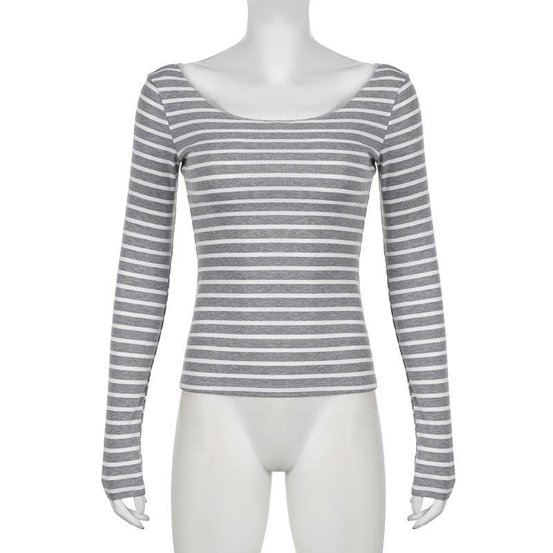 Long-Sleeve Scoop Neck Striped T-Shirt Product Image