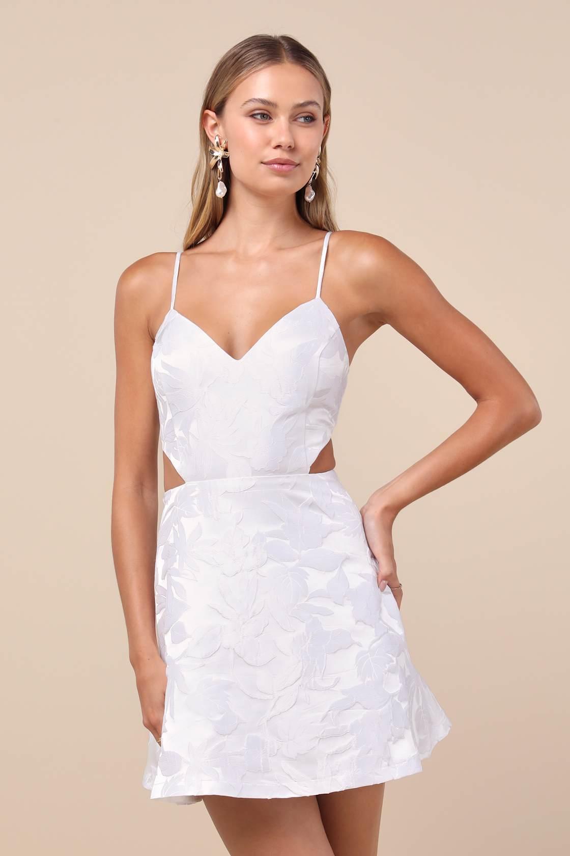 Pristinely Pretty White Jacquard Cutout Bow Mini Dress Product Image