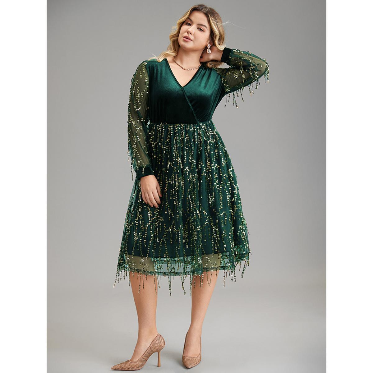 Plus Size Velvet Sequin Tassels Mesh Surplice Neck Dress Green Women Cocktail Sequin Overlap Collar Long Sleeve Curvy Midi Dress BloomChic 14-16/1X Product Image