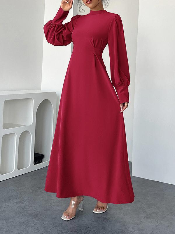 A-Line High Waisted Pleated Solid Color Tied Waist Mock Neck Maxi Dresses Product Image