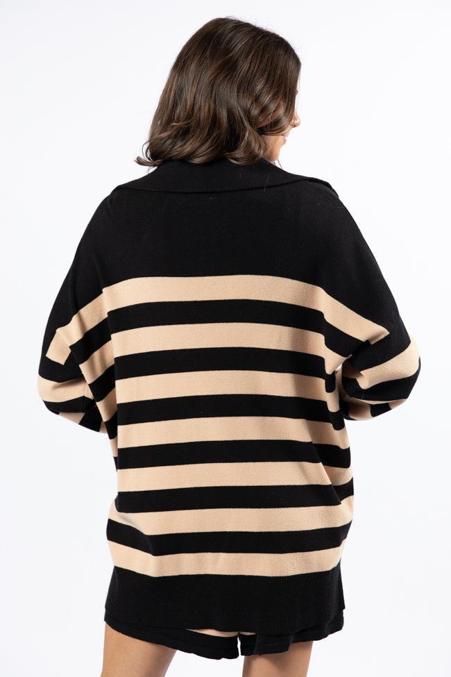 Pulling Heartstrings Black And Tan Striped Quarter Zip Pullover SALE Product Image