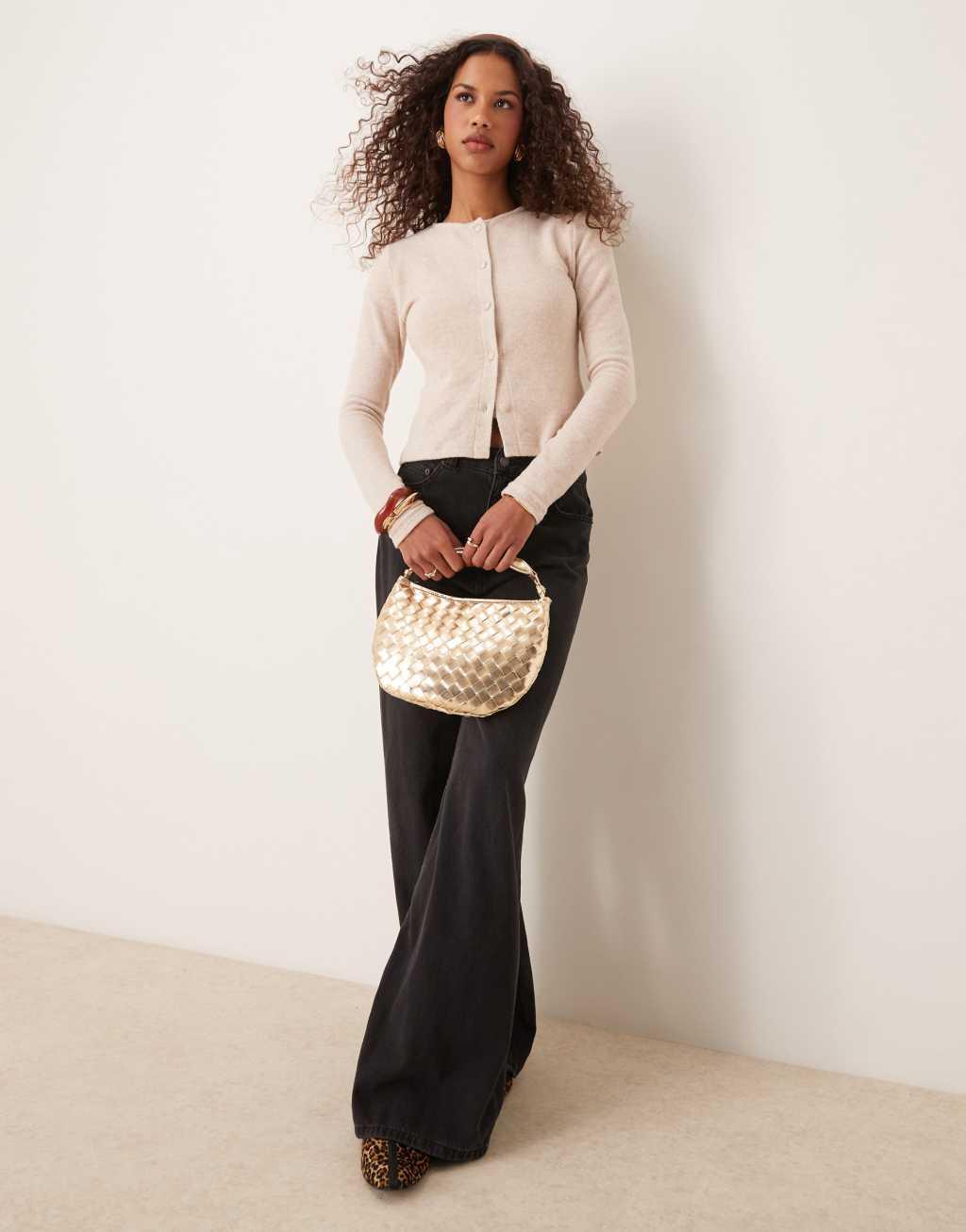 ASOS DESIGN covered button shrunken supersoft cardigan in oatmeal Product Image