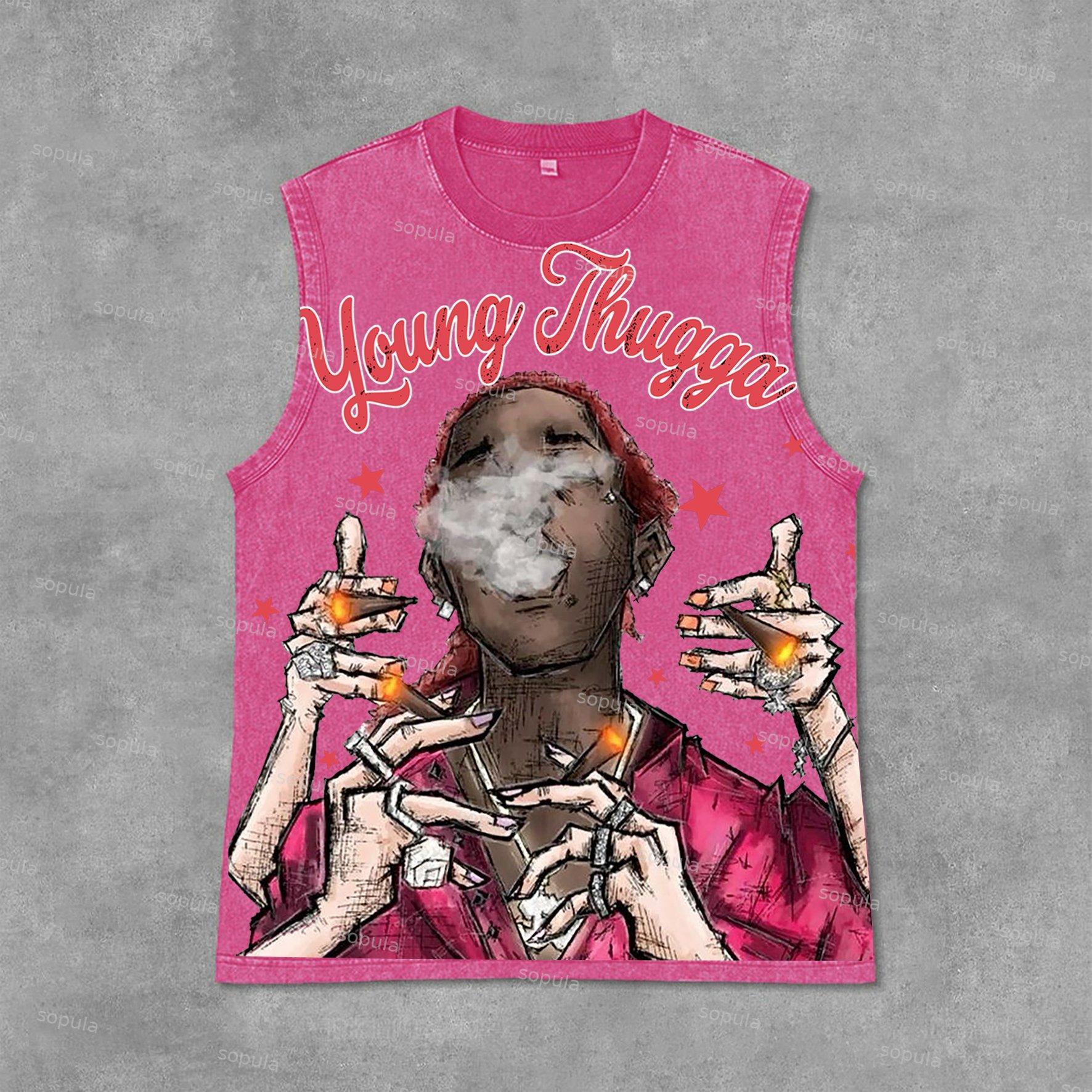 Young Thugga-Luh Lattt Graphics Print Acid Washed Sleeveless Tank Top Product Image