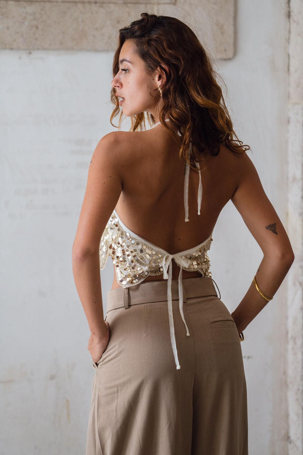 Cleo Gold Sequin Halter Tie Top Product Image