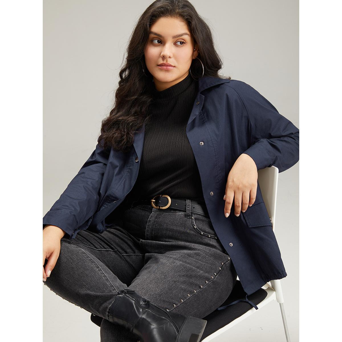 Plus Size Cotton Button Fly Drawstring Hem Coat Women Indigo Casual Plain Ladies Everyday Winter Coats BloomChic 22-24/3X Product Image