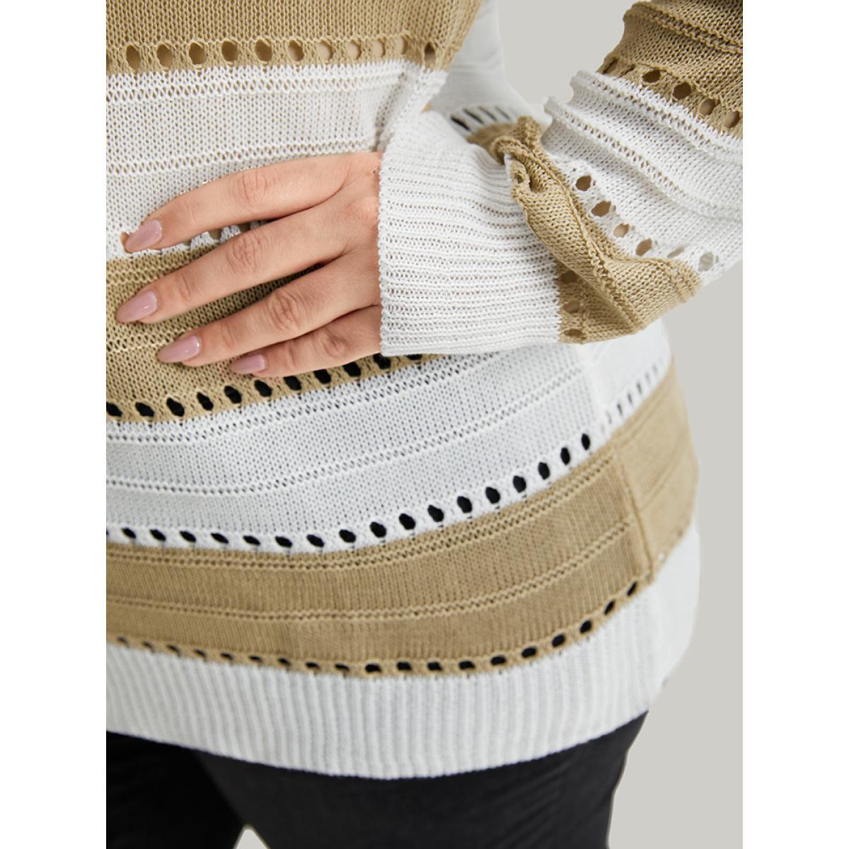 Plus Size Colorblock Contrast Drop Shoulder Elastic Cuffs Pullover Tan Women Casual Loose Long Sleeve Round Neck Everyday Pullovers BloomChic 14-16/1X Product Image