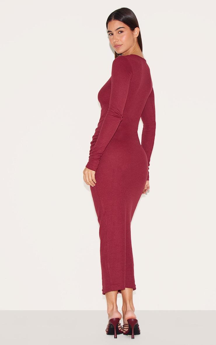 Burgundy Ribbed Ruched Detail Long Sleeve Maxi Product Image